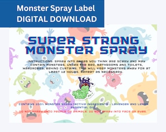 Monster Spray Label - Etiqueta de descarga digital para botella de spray. Spray de monstruos para niños. Rocíe a los niños antes de acostarse. Mantiene alejados a los monstruos. Super fuerte