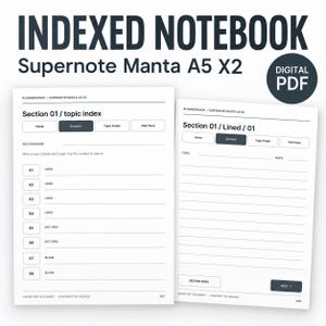 以下が含まれることがあります： Supernote Manta A5 X2というタイトルのデジタルPDFインデックス付きノートブック。ドキュメントには、Home、Sections、Topic Finder、Start Hereのナビゲーションタブがある2つのページが表示されています。レイアウトには、罫線、ドットグリッド、空白ページ用の番号付きリストが含まれています。