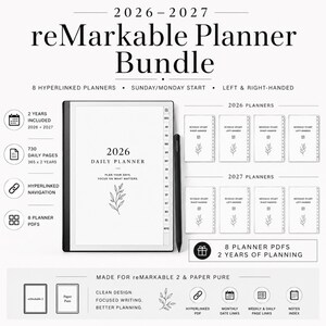 May include: A digital planner bundle for reMarkable 2 and Paper Pure tablets. The image shows a black tablet with a stylus, planner PDFs, and the text "2026 Daily Planner". Includes 730 daily pages, hyperlinked navigation, and 8 planner PDFs.