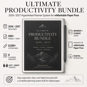Puede incluir: Un paquete de planificador digital para reMarkable Paper Pure, con una cubierta oscura que muestra "ULTIMATE PRODUCTIVITY BUNDLE 2026-2027". Incluye planificador, diario, reuniones, proyectos y cuaderno. También se ve un lápiz óptico.