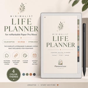 May include: A digital life planner for reMarkable Paper Pro Move. The planner features a minimalist design with the text "LIFE PLANNER" and "PlannersGaze". It includes 503 pages, 18 side tabs, 4 color themes, and an undated start.