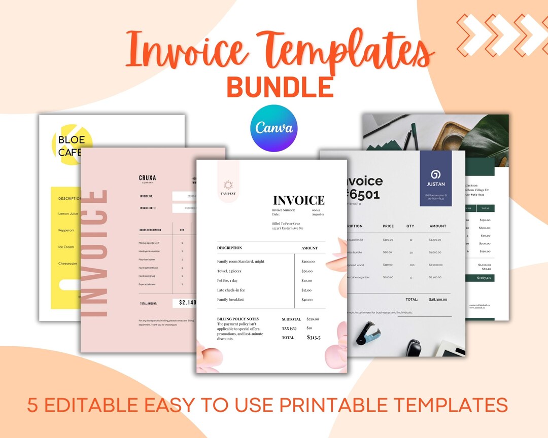 Editable Invoice Template Bundle: 5 Canva Designs for Small Business ...