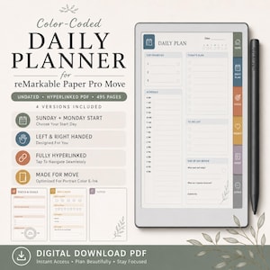 Könnte beinhalten: Ein digitaler Tagesplaner für reMarkable Paper Pro Move. Der Planer ist undatiert, mit Hyperlinks versehen und umfasst 495 Seiten. Zu den Funktionen gehören Optionen für den Start am Sonntag/Montag, Designs für Links- und Rechtshänder und ist vollständig verlinkt. Optimiert für Portrait-Farbe-E-Ink.