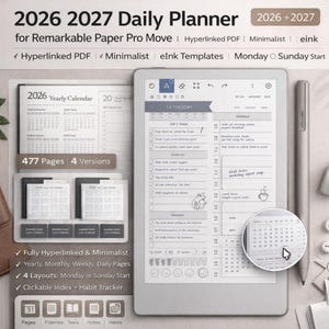May include: A digital planner for 2026 and 2027, designed for Remarkable Paper Pro Move. The planner features a minimalist design with hyperlinked PDF, eInk templates, and options for Monday or Sunday start. Includes yearly, monthly, weekly, and daily pages.
