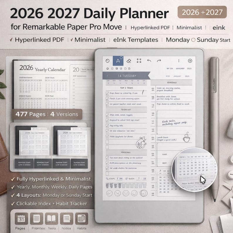 Minimalist 2026-2027 Daily Planner for Remarkable Paper Pro Move ...