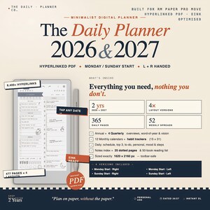 May include: A digital planner for 2026 & 2027, featuring 8,400+ hyperlinks, Monday/Sunday start options, and L+R handed layouts. Includes 365 daily pages, 52 weekly spreads, and 4 layout versions. The planner is sized at 1620 x 2160 px.