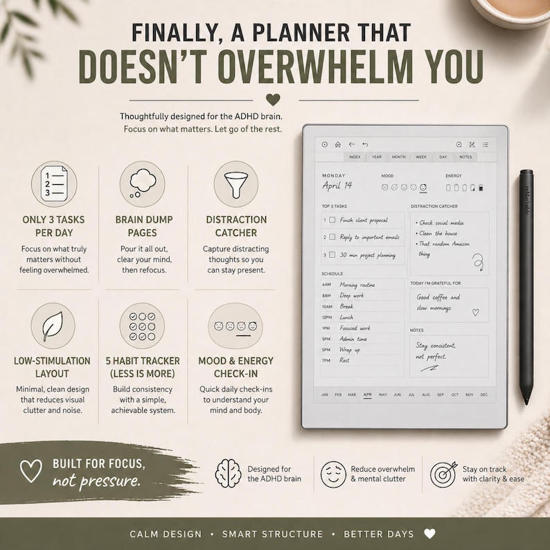 ADHD Planner for Remarkable Paper Pro Move | Minimalist Hyperlinked PDF ...