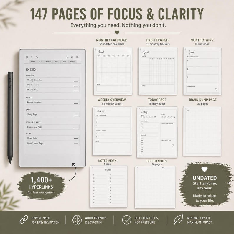 ADHD Planner for Remarkable Paper Pro Move | Minimalist Hyperlinked PDF ...