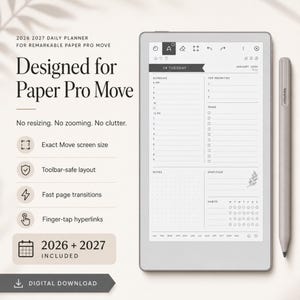May include: A digital planner for the Remarkable Paper Pro Move, designed for 2026 and 2027. The image shows a tablet with a stylus, displaying a daily schedule, top priorities, and task lists. The text includes "Designed for Paper Pro Move" and "Digital Download."
