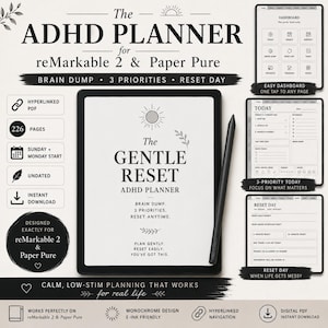 May include: Digital ADHD planner for reMarkable 2 and Paper Pure tablets. The planner features a monochrome design with 226 pages, a gentle reset theme, and is designed for calm, low-stim planning. Includes a digital PDF download.