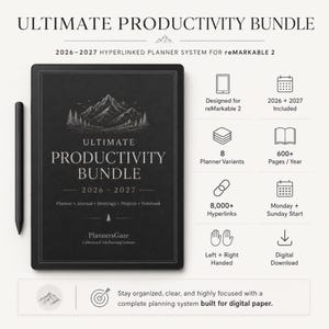 Peut inclure: Un ensemble de planificateur numérique noir pour reMarkable 2, avec le texte "ULTIMATE PRODUCTIVITY BUNDLE" et "2026-2027". Comprend des options de planificateur, journal, réunions, projets et cahier. Comprend 8 variantes de planificateur, 600+ pages par an et 8 000+ hyperliens.