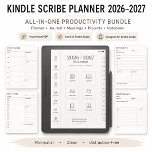 May include: A Kindle Scribe planner for 2026-2027, an all-in-one productivity bundle. The image shows a digital planner with sections for weekly and daily planning, meeting notes, and project planning. The planner is designed for the Kindle Scribe.