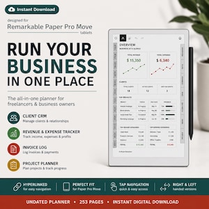 May include: Digital planner for Remarkable Paper Pro Move tablets. The all-in-one planner for freelancers and business owners. Features include client CRM, revenue and expense tracker, invoice log, and project planner. Includes hyperlinks and tap navigation.