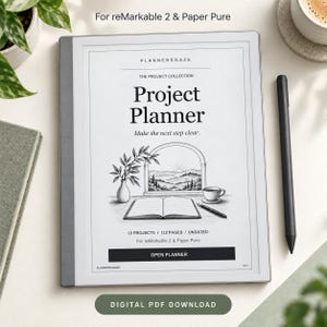 May include: A digital tablet displaying a Project Planner interface with the text Plannersgaze, The Project Collection, Project Planner, Make the next step clear, 12 projects, 112 pages, undated, and Open Planner. A black stylus rests beside the tablet.