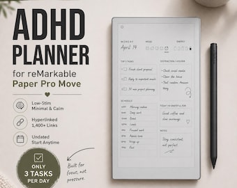 Planificador para TDAH para reMarkable Paper Pro Move / Plantilla PDF minimalista con hipervínculos