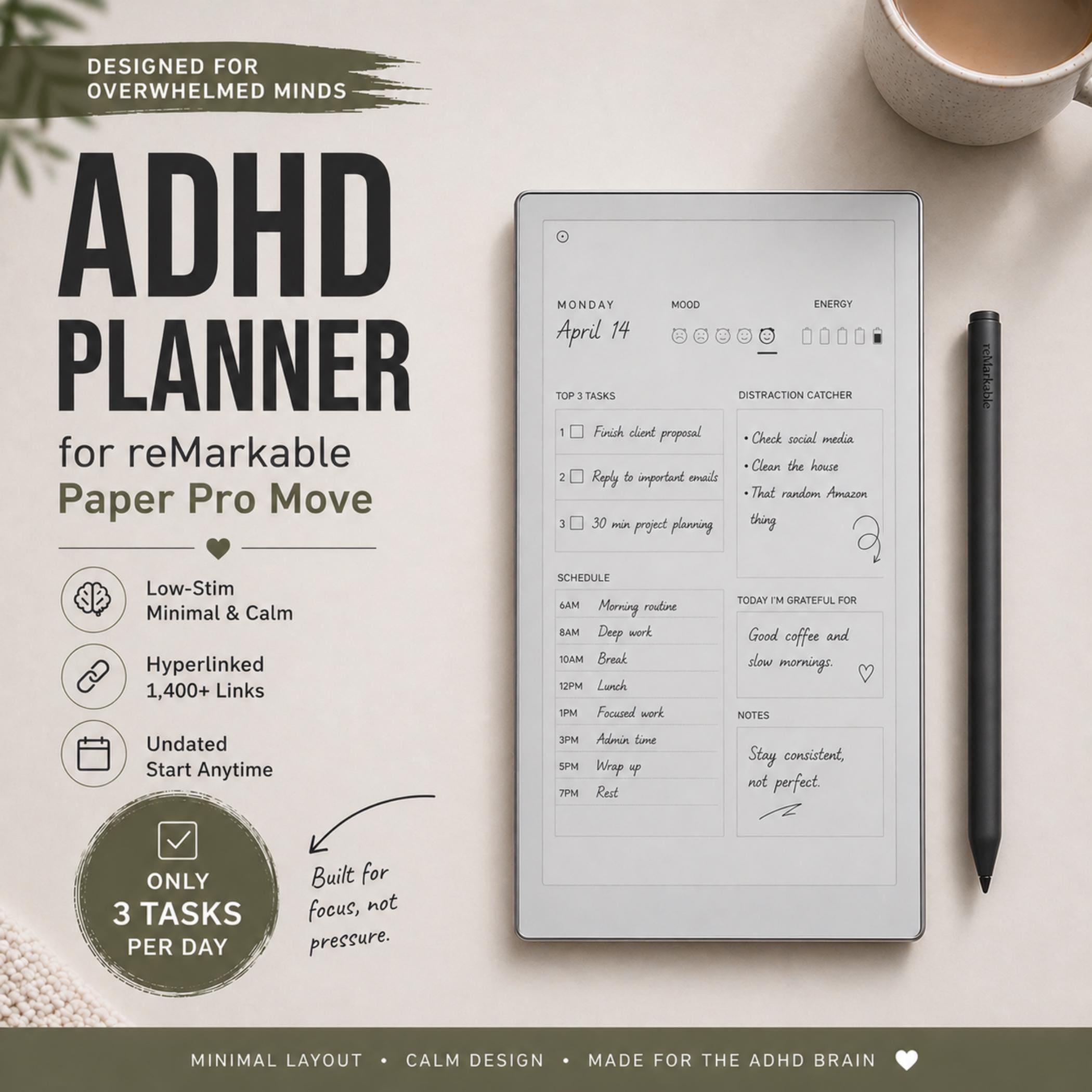 ADHD Planner for Remarkable Paper Pro Move | Minimalist Hyperlinked PDF ...