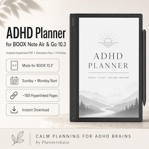 May include: A black digital tablet with a stylus, displaying an ADHD Planner interface with a mountain landscape graphic, the text ADHD PLANNER, FOCUS PLAN FOLLOW THROUGH, and a list of features including 10.3 inch compatibility and 180 hyperlinked pages.