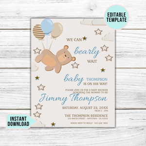 Bearly Wait Electronic Baby Shower Invite Boy, Bear Baby Shower Evite, Blue Balloons Digital Invitation, Boy Editable Evite Template