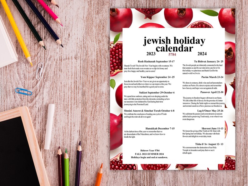 NEW 2023 2024 Jewish Holiday Calendar Hebrew Calendar 5784 Rosh