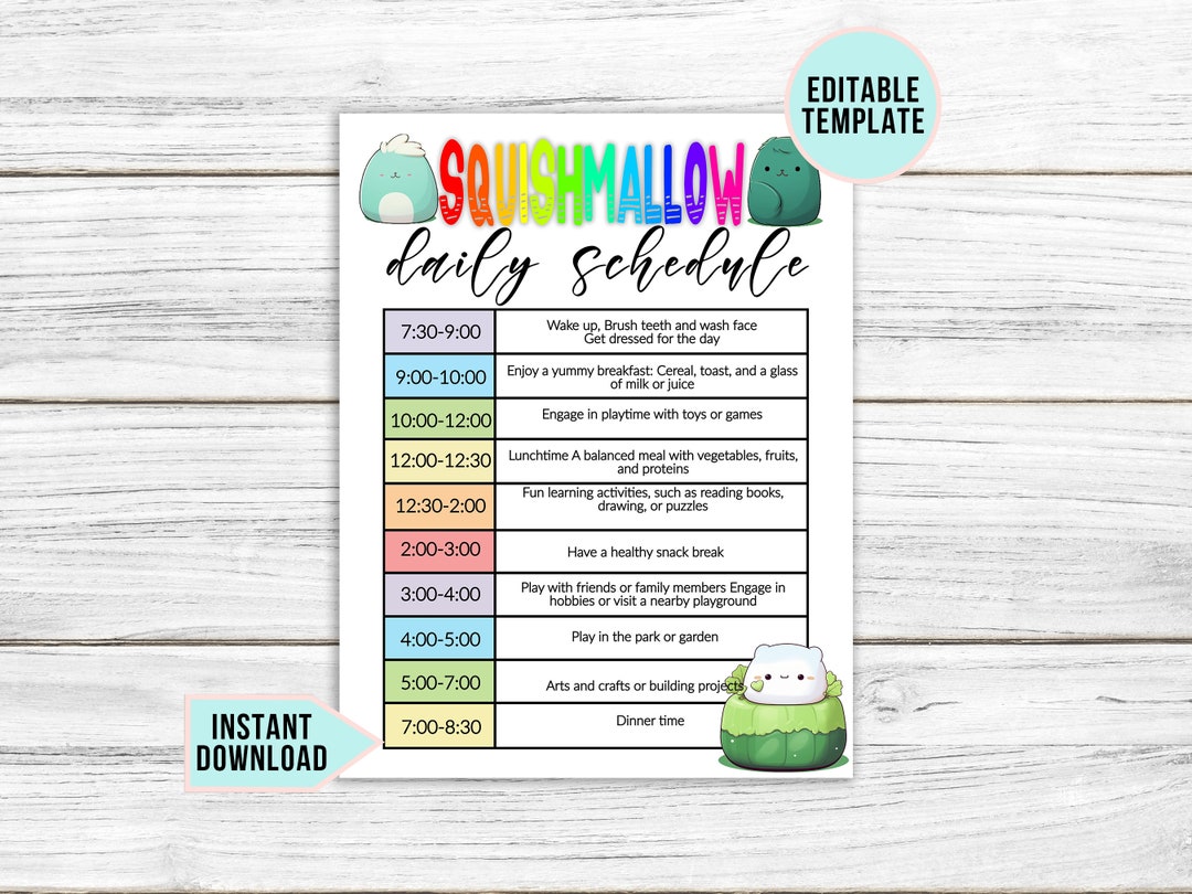 Editable Kids Daily Schedule Template, Squishmallow Schedule Printable