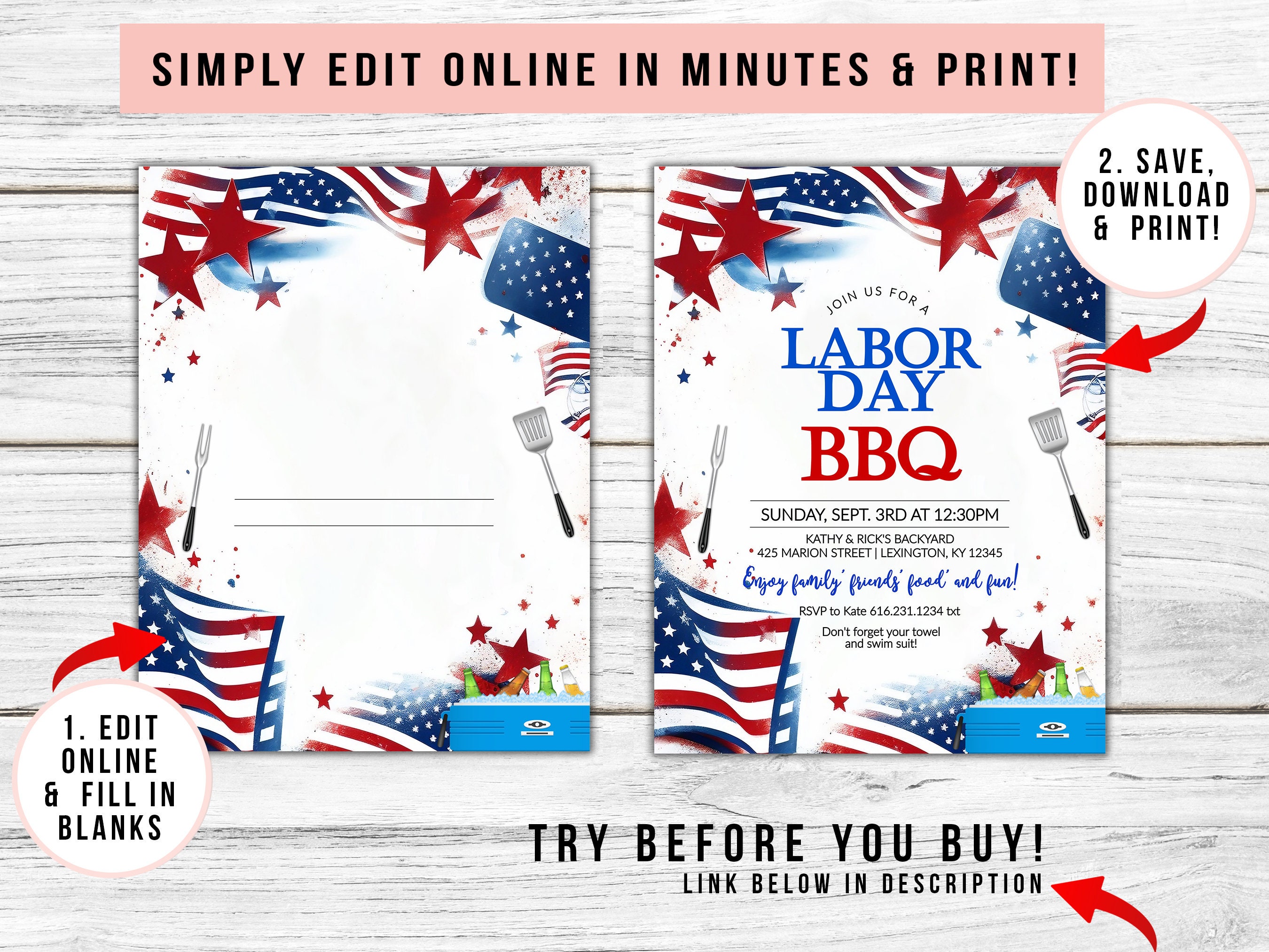 Digital Labor Day BBQ Invitation, Labor Day Party Invitation, Summer