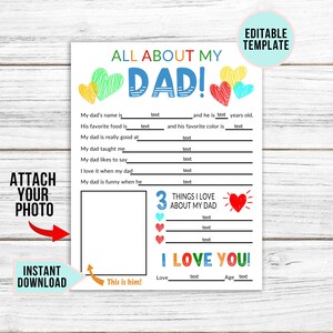 All About My Dad Printable, Fathers Day Gift From Kids Interview, Dad Questionnaire, Fill In The Blank Fathers Day Card, Instant Download