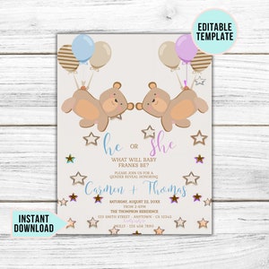 Bear Gender Reveal Evite Teddy Bear Digital Invitation Gender Reveal, Electronic Gender Reveal for Phone, He or She Editable Template