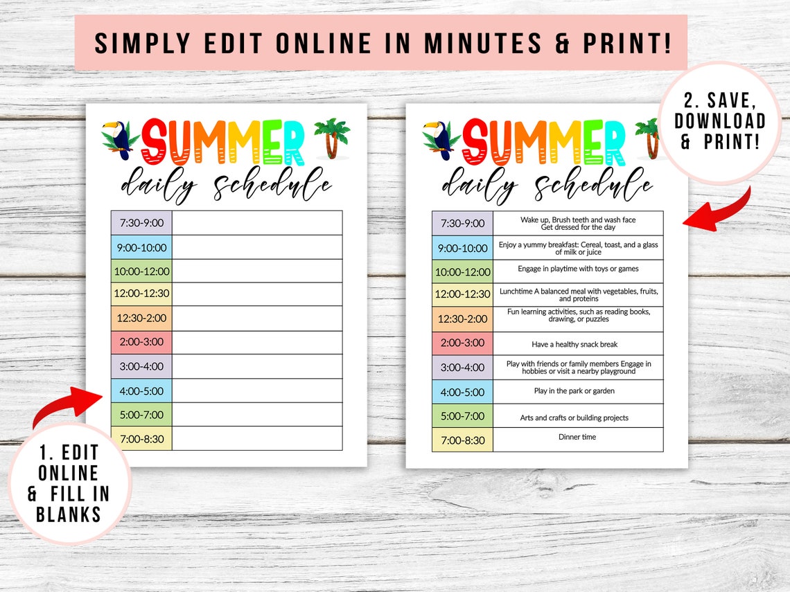 Editable Kids Daily Schedule Template, Summer Schedule Printable, Daily ...