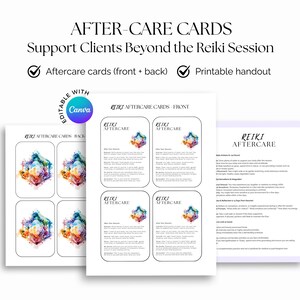 May include: Printable Reiki aftercare cards in white, featuring colourful watercolour crystal art. The cards are labelled "After-Care Cards" and "Support Clients Beyond the Reiki Session". Editable with Canva.