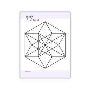 Printable PDF with the text REIKI Crystal Grid in a purple header. The print features a black geometric design of intersecting lines forming a star-like pattern. The word intention is at the bottom.