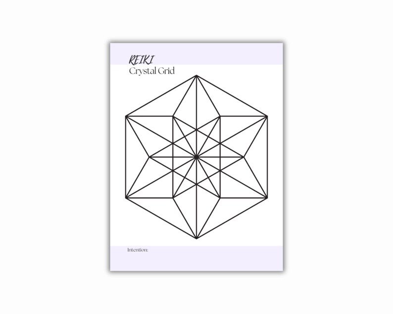 Printable PDF with the text REIKI Crystal Grid in a purple header. The print features a black geometric design of intersecting lines forming a star-like pattern. The word intention is at the bottom.