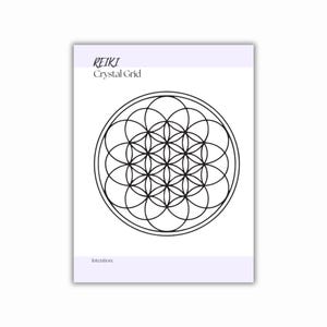 Printable PDF with printed  text REIKI Crystal Grid in black. The card features a black geometric design of overlapping circles. The card has a lavender border at the top and bottom.