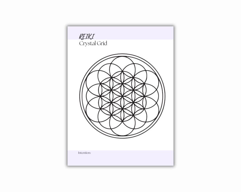 Printable PDF with printed  text REIKI Crystal Grid in black. The card features a black geometric design of overlapping circles. The card has a lavender border at the top and bottom.