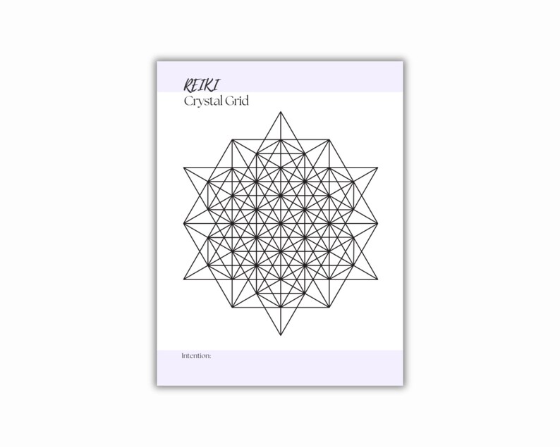 Printable PDF template with the text REIKI Crystal Grid in a purple header. The print features a black geometric design of interconnected triangles and star shapes, suitable for spiritual practices.