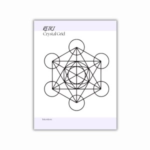 Printable PDF with a geometric design in black lines, featuring circles and interconnected shapes. The print has the words REIKI Crystal Grid at the top and intention at the bottom, all in a simple font.