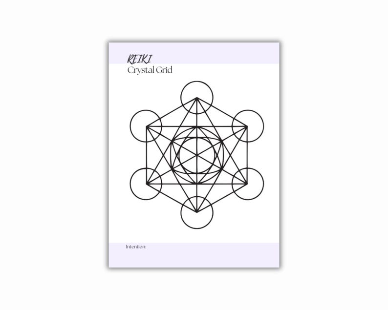 Printable PDF with a geometric design in black lines, featuring circles and interconnected shapes. The print has the words REIKI Crystal Grid at the top and intention at the bottom, all in a simple font.