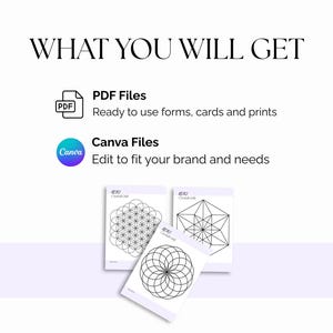 Image features the text WHAT YOU WILL GET and details about PDF and Canva files. Below are three white cards with geometric designs. The cards have black line art of a flower of life, a geometric star, and a circular pattern.