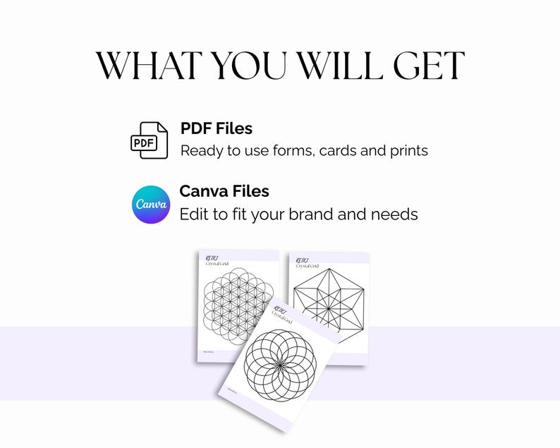 Image features the text WHAT YOU WILL GET and details about PDF and Canva files. Below are three white cards with geometric designs. The cards have black line art of a flower of life, a geometric star, and a circular pattern.