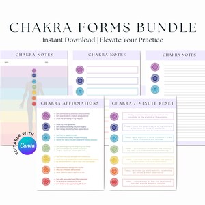 May include: A bundle of printable chakra forms with the text "CHAKRA FORMS BUNDLE" and "Instant Download | Elevate Your Practice". The forms include chakra notes, affirmations, and a 7-minute reset guide, all with a pastel color scheme.