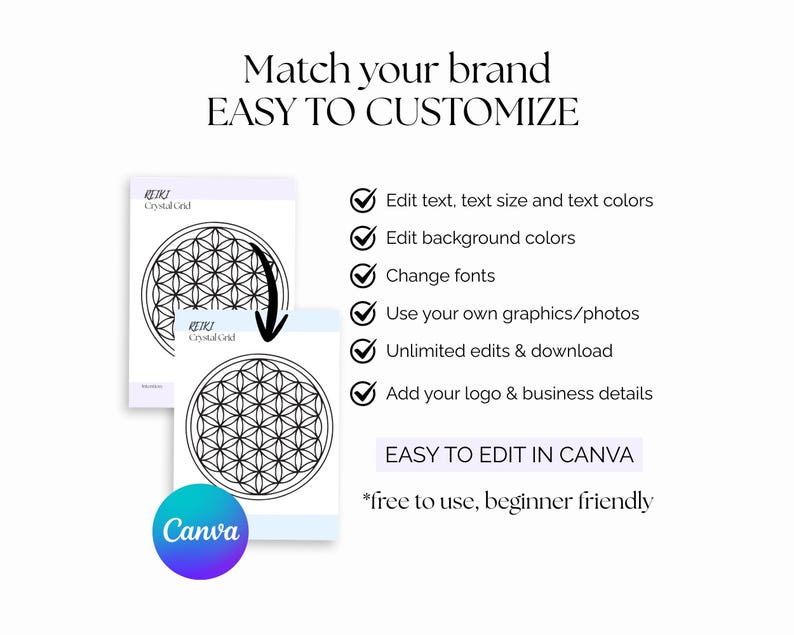 A graphic with the text Match your brand EASY TO CUSTOMIZE and a list of customization options. The image includes two white templates with a geometric design and the Canva logo in a blue and purple circle.