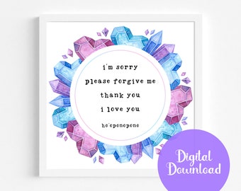 Ho'oponopono Prayer Art Print Watercolor Heart Crystals Border Circular Printable Art Hooponopono Digital Art Ho'oponopono Meditation Gift