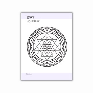 Printable PDF form with the text REIKI Crystal Grid at the top. The card features a black geometric design of interlocking triangles and circles, creating a symmetrical pattern. The word intention is at the bottom.