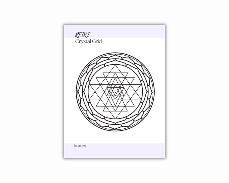 Printable PDF form with the text REIKI Crystal Grid at the top. The card features a black geometric design of interlocking triangles and circles, creating a symmetrical pattern. The word intention is at the bottom.