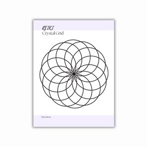 Printable PDF with the text REIKI Crystal Grid in a light purple header. A black geometric design of overlapping circles is centered on the print. The word Intention is at the bottom.