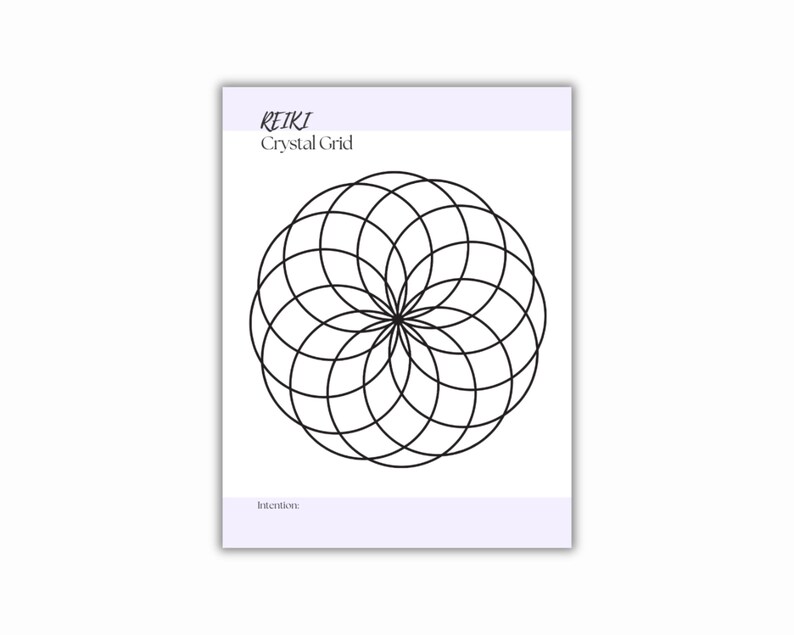 Printable PDF with the text REIKI Crystal Grid in a light purple header. A black geometric design of overlapping circles is centered on the print. The word Intention is at the bottom.