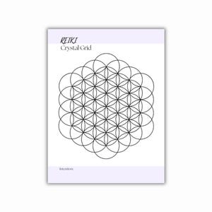 Printable PDF with a geometric pattern of overlapping circles, forming a flower of life design. The print has a light purple header with the words REIKI Crystal Grid. The word Intention is at the bottom.