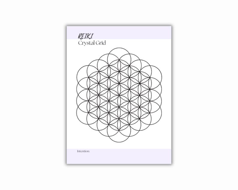 Printable PDF with a geometric pattern of overlapping circles, forming a flower of life design. The print has a light purple header with the words REIKI Crystal Grid. The word Intention is at the bottom.