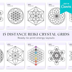 A collection of nine intricate black and white distance Reiki crystal grid designs. The text reads "15 Distance Reiki Crystal Grids, Ready-to-print energy layouts," highlighting spiritual and calming energy.