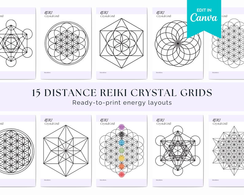 A collection of nine intricate black and white distance Reiki crystal grid designs. The text reads "15 Distance Reiki Crystal Grids, Ready-to-print energy layouts," highlighting spiritual and calming energy.