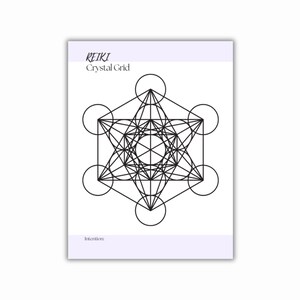 A printable PDF with the words REIKI Crystal Grid in black text. The print features a geometric design composed of interconnected circles and lines. The background is a light purple color.